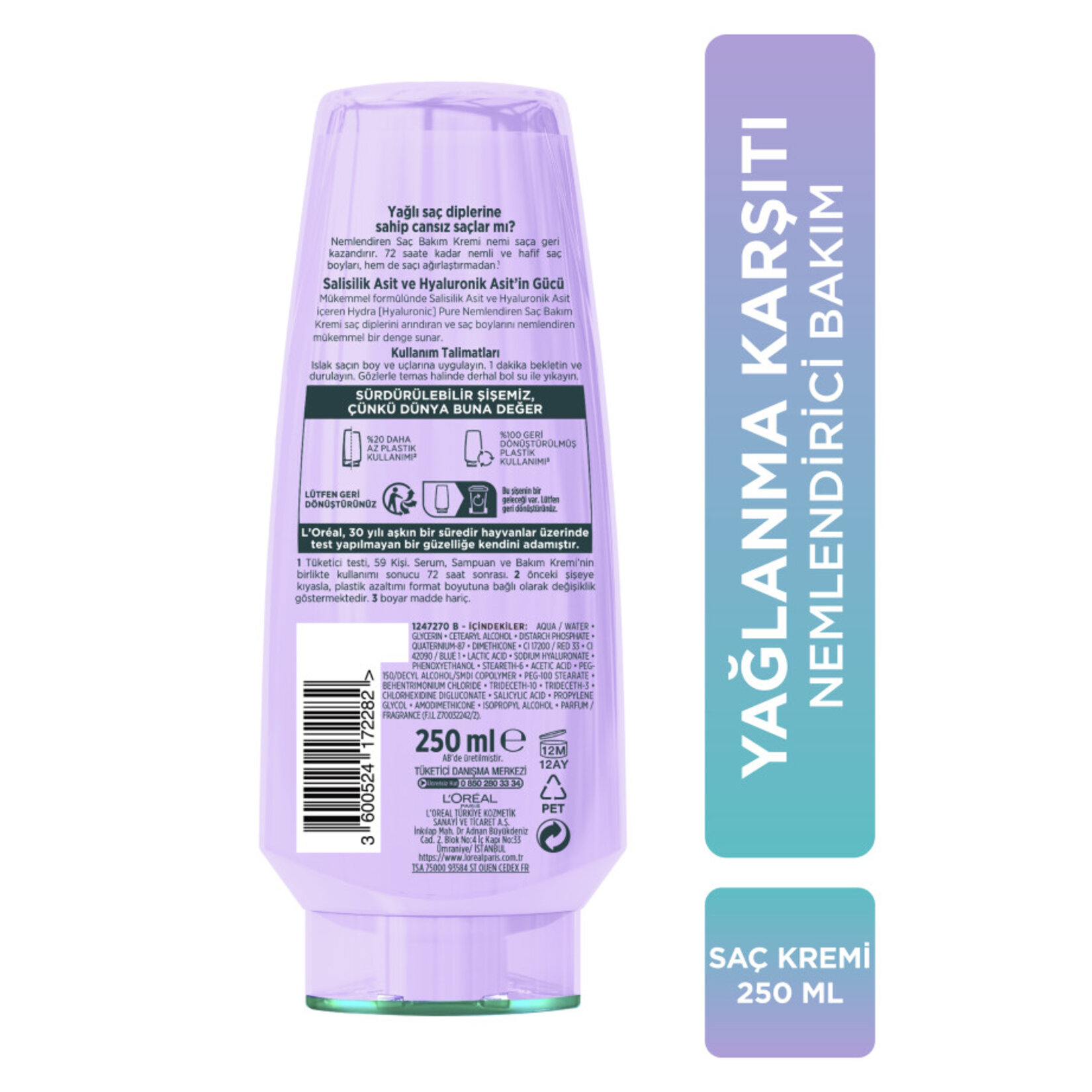 L'Oréal Paris Elseve Hydra [Hyaluronic] Pure Salisilik Asit içeren Yağlanma Karşıtı Nemlendirici Saç Kremi 250 Ml - Görsel 8