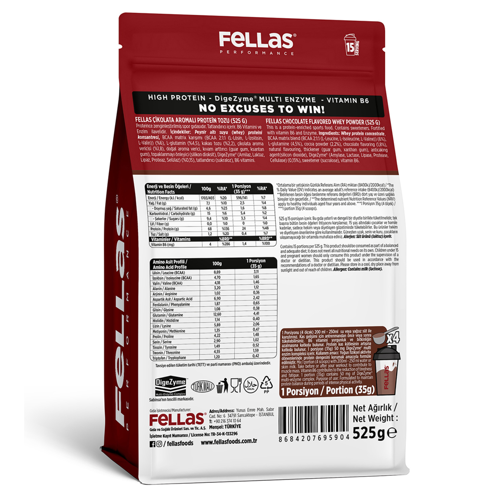 Fellas Çikolata Aromalı Protein Tozu 525 G - Görsel 2