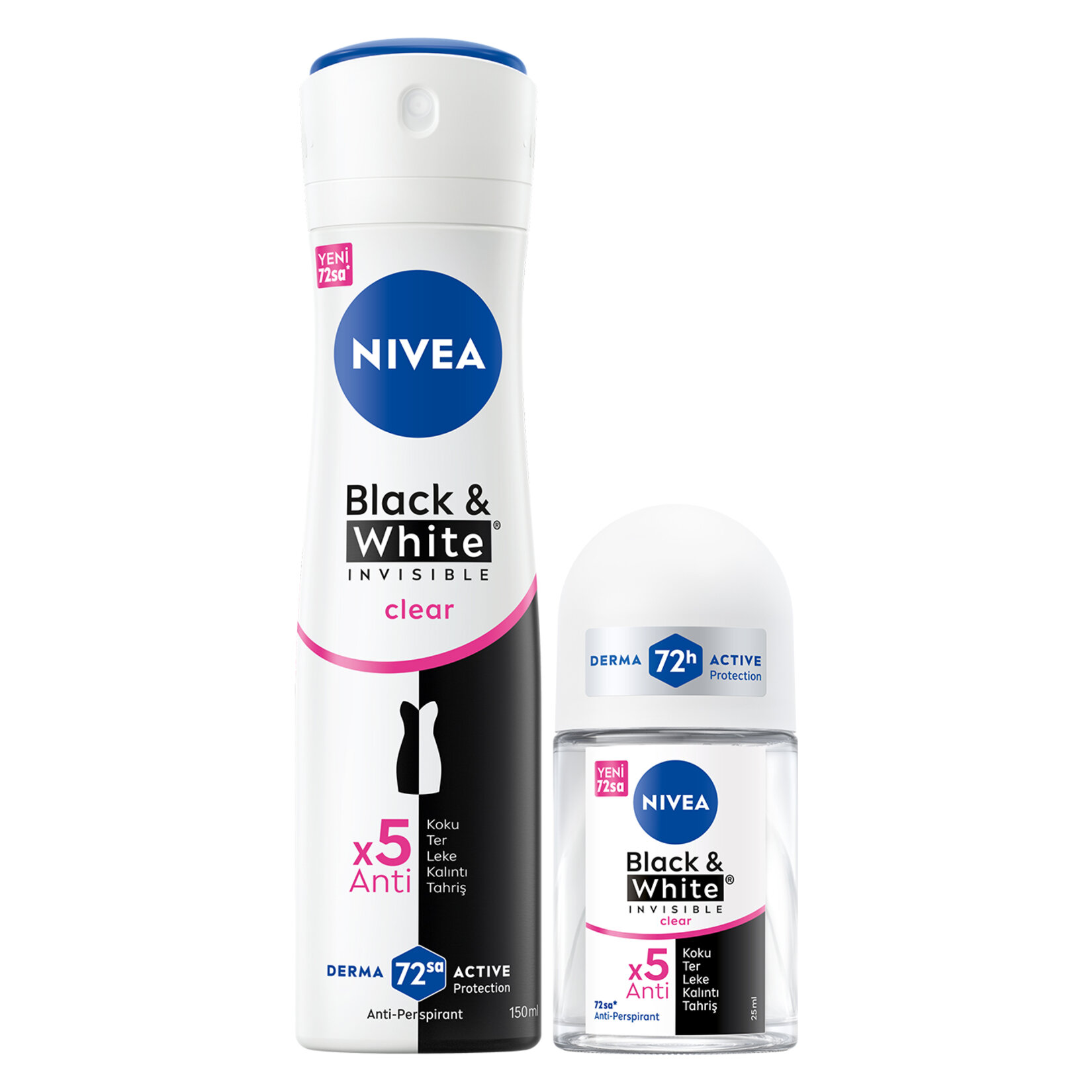 NIVEA Kadın Sprey Deodorant Black&White Invisible Clear 150 Ml ve Mini Roll-on 25 Ml - Görsel 1