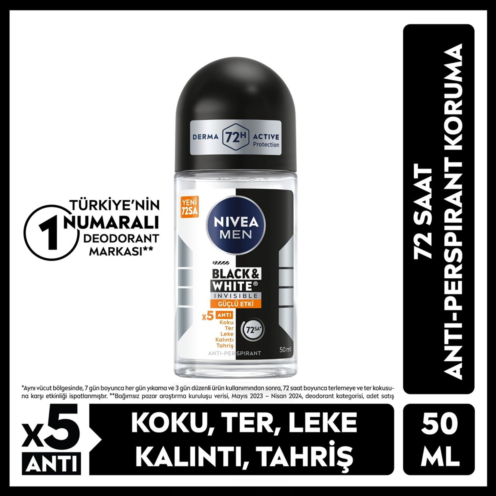 NIVEA Men Erkek Roll On Deodorant Black&White Invisible Güçlü Etki 50 ml - Görsel 3