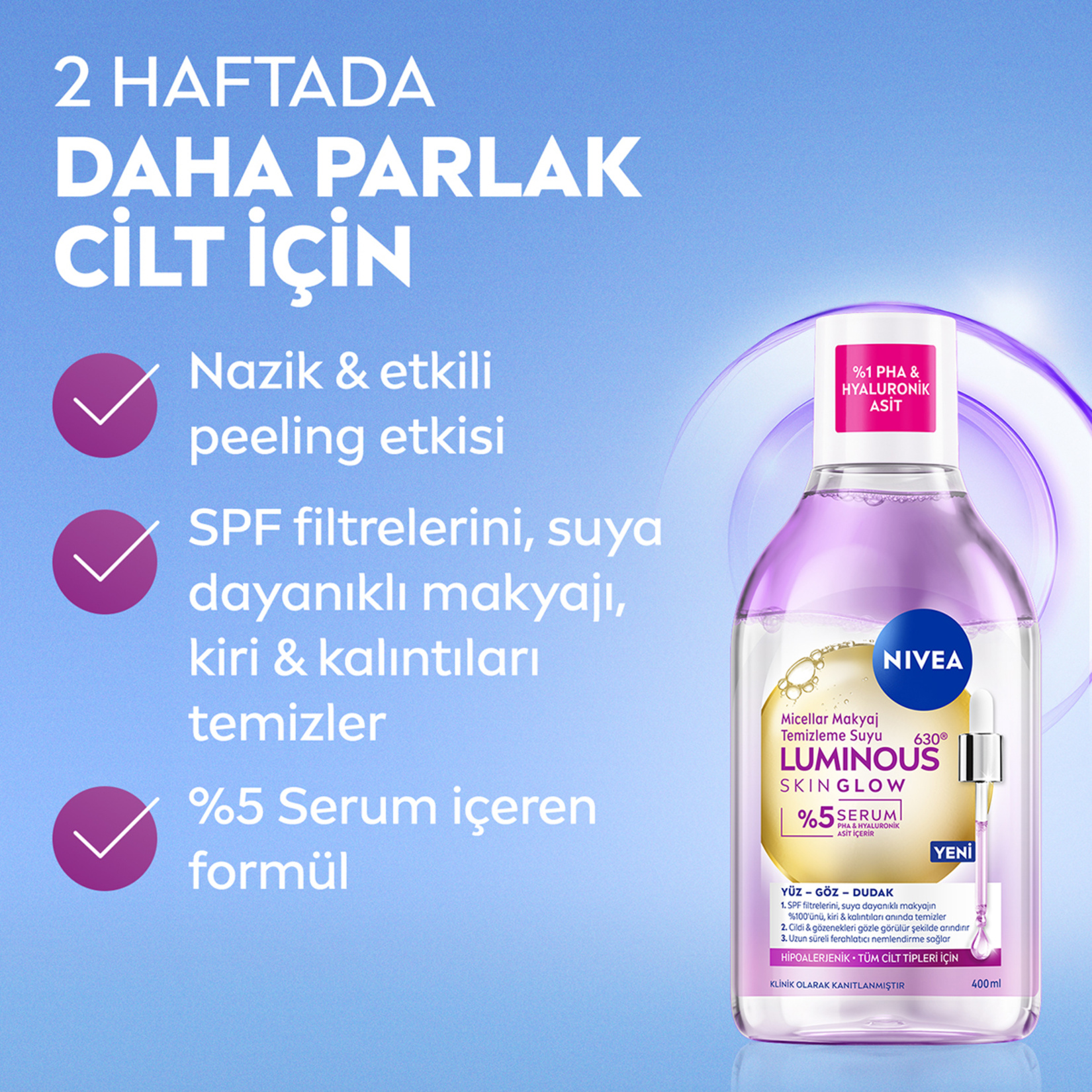 Nivea Luminous630 Skin Glow Makyaj Temizleme Suyu 400 Ml - Görsel 2