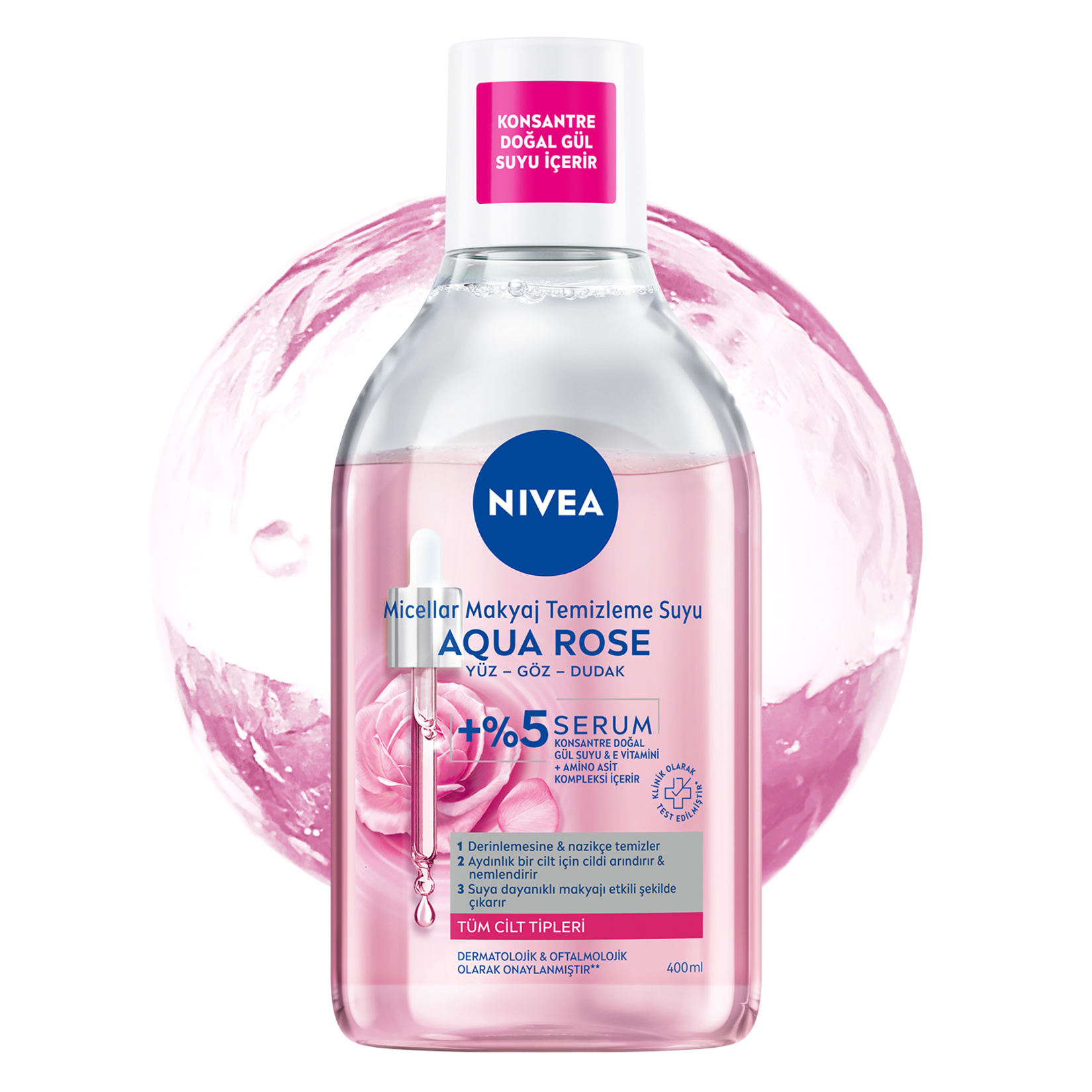 NIVEA Aqua Rose Micellar Gül Suyu İçeren Çift Fazlı Makyaj Temizleme Suyu 400ml - Görsel 1