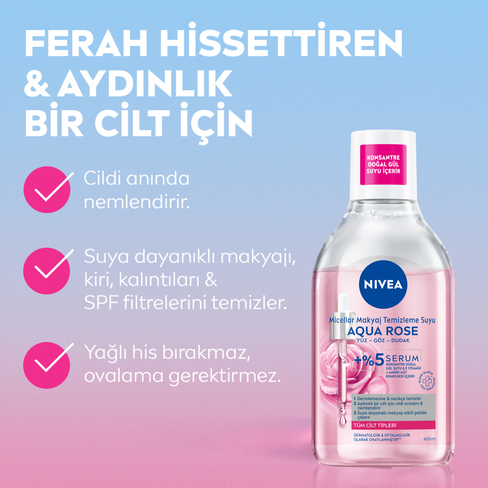 NIVEA Aqua Rose Micellar Gül Suyu İçeren Çift Fazlı Makyaj Temizleme Suyu 400ml - Görsel 3