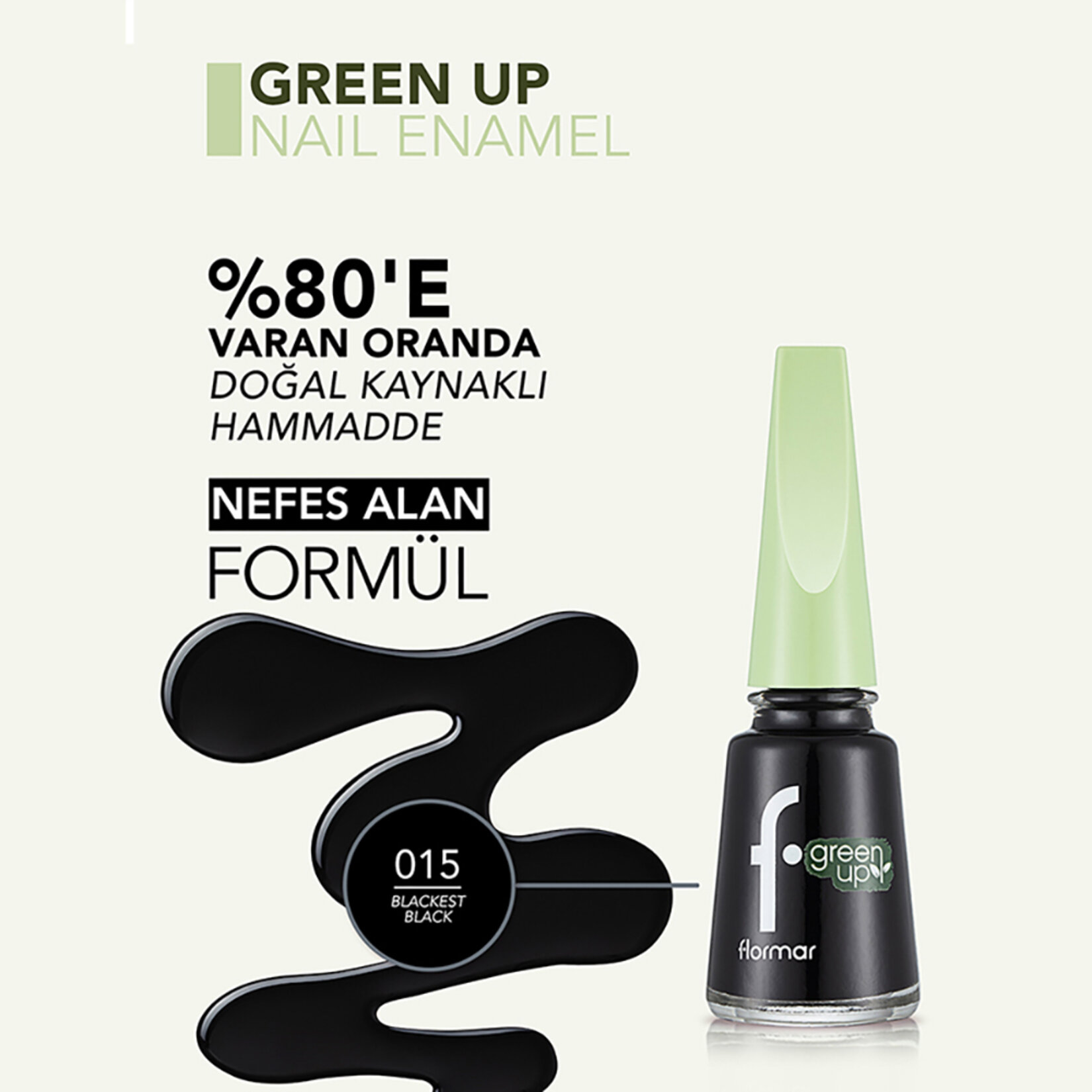Flormar Green Up Vegan Formüllü Nefes Alabilen Oje - 015 Blackest Black - Görsel 4