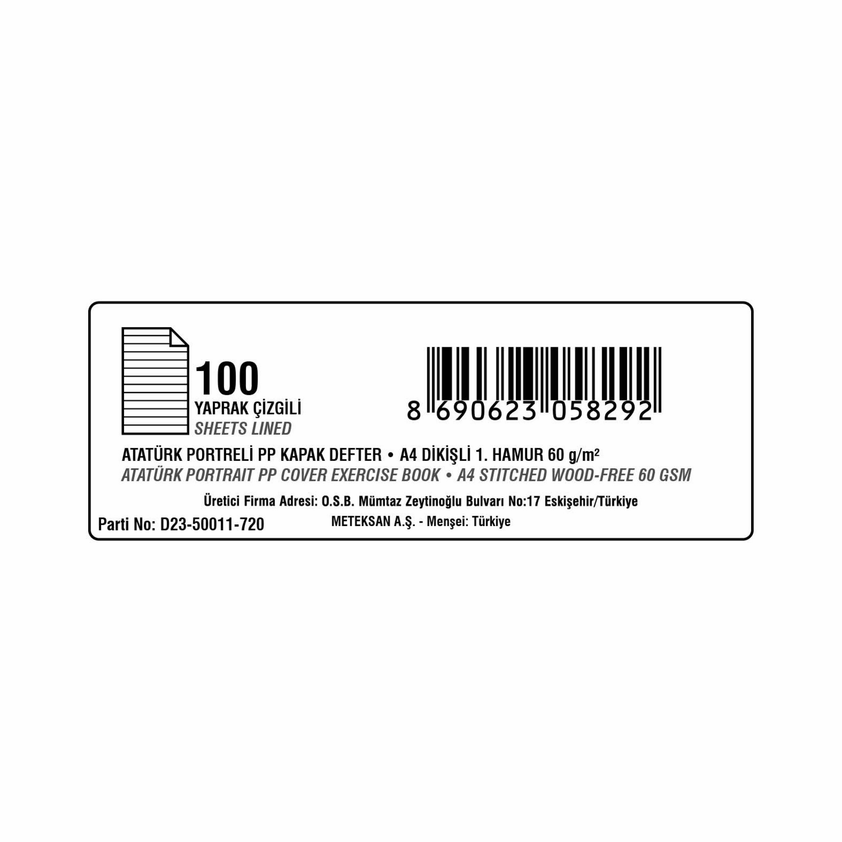 Meteksan Atatürk Baskılı A4 100 Yp Çizgili Pp Defter - Görsel 4