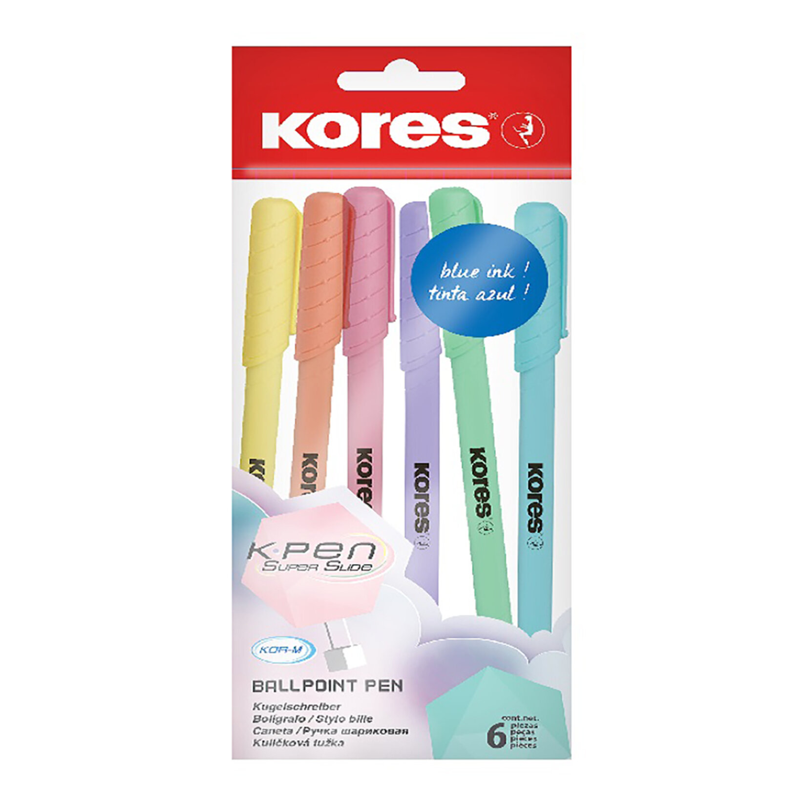 Kores Mavi Mürekkep Pastel Tükenmez Kalem 6'lı
