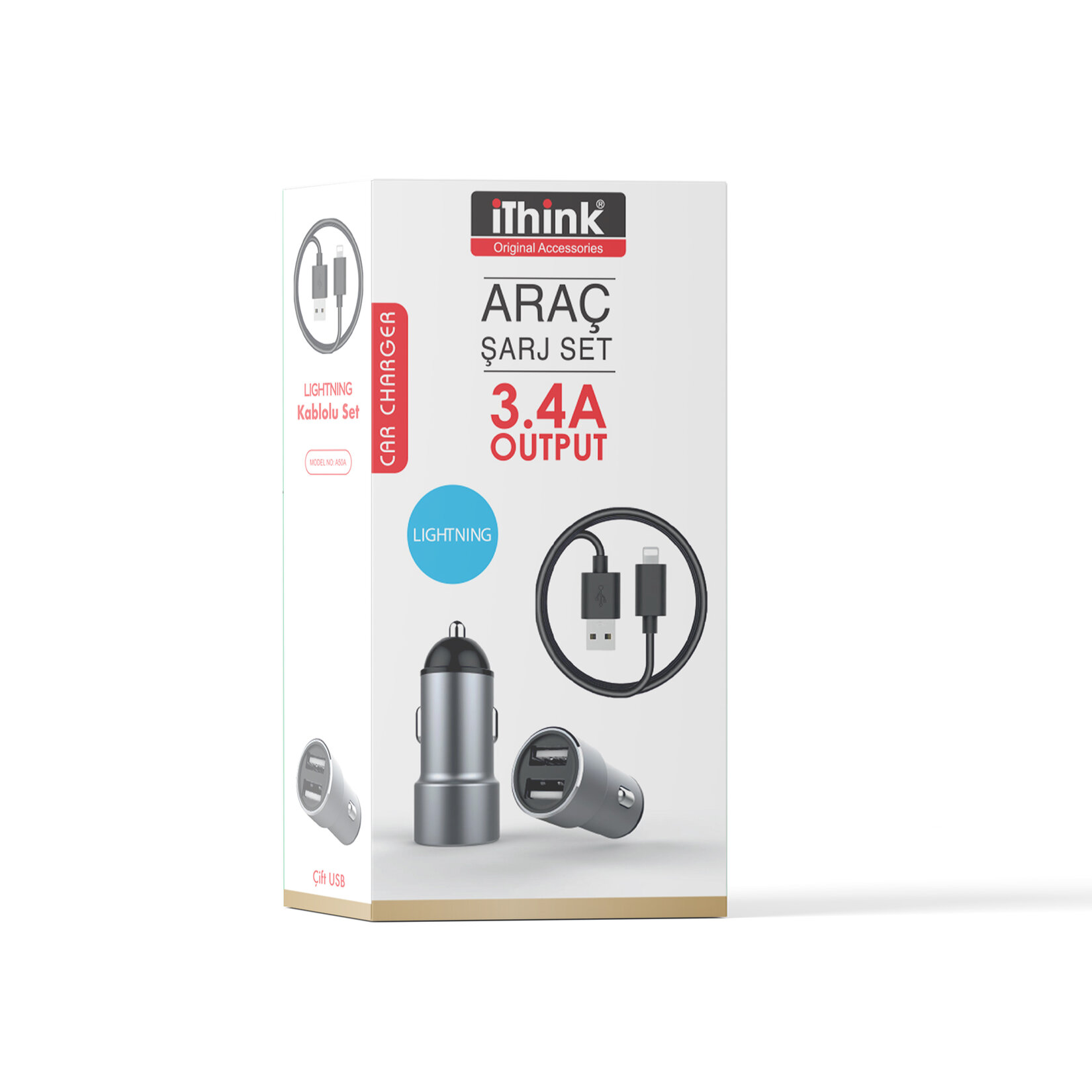 i'think Gold Çift Usb Araç Şarjı + Lightning Kablo A50A - Görsel 2