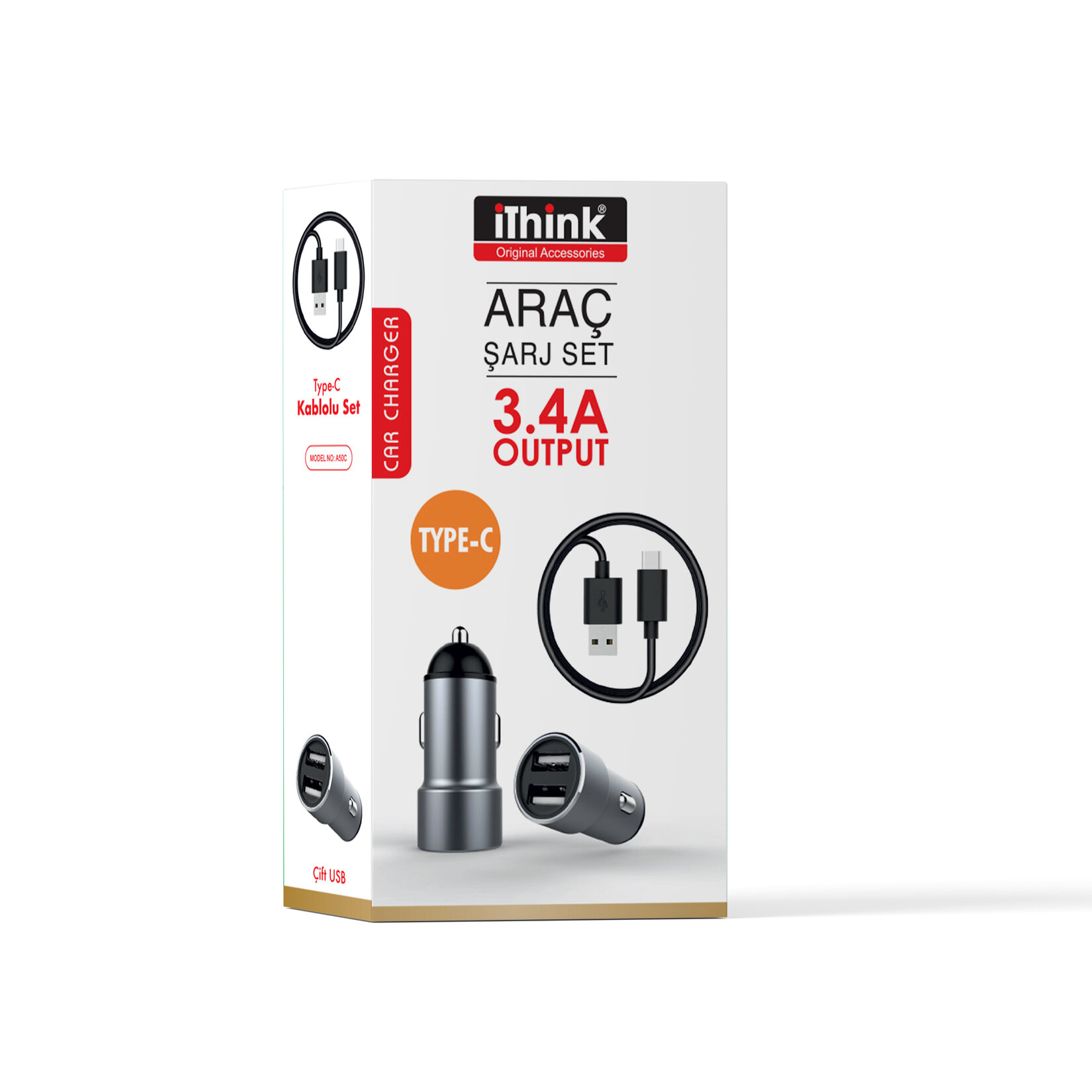 i'think Gold Çift Usb Araç Şarjı + USB-C Kablo (A50C) - Görsel 2