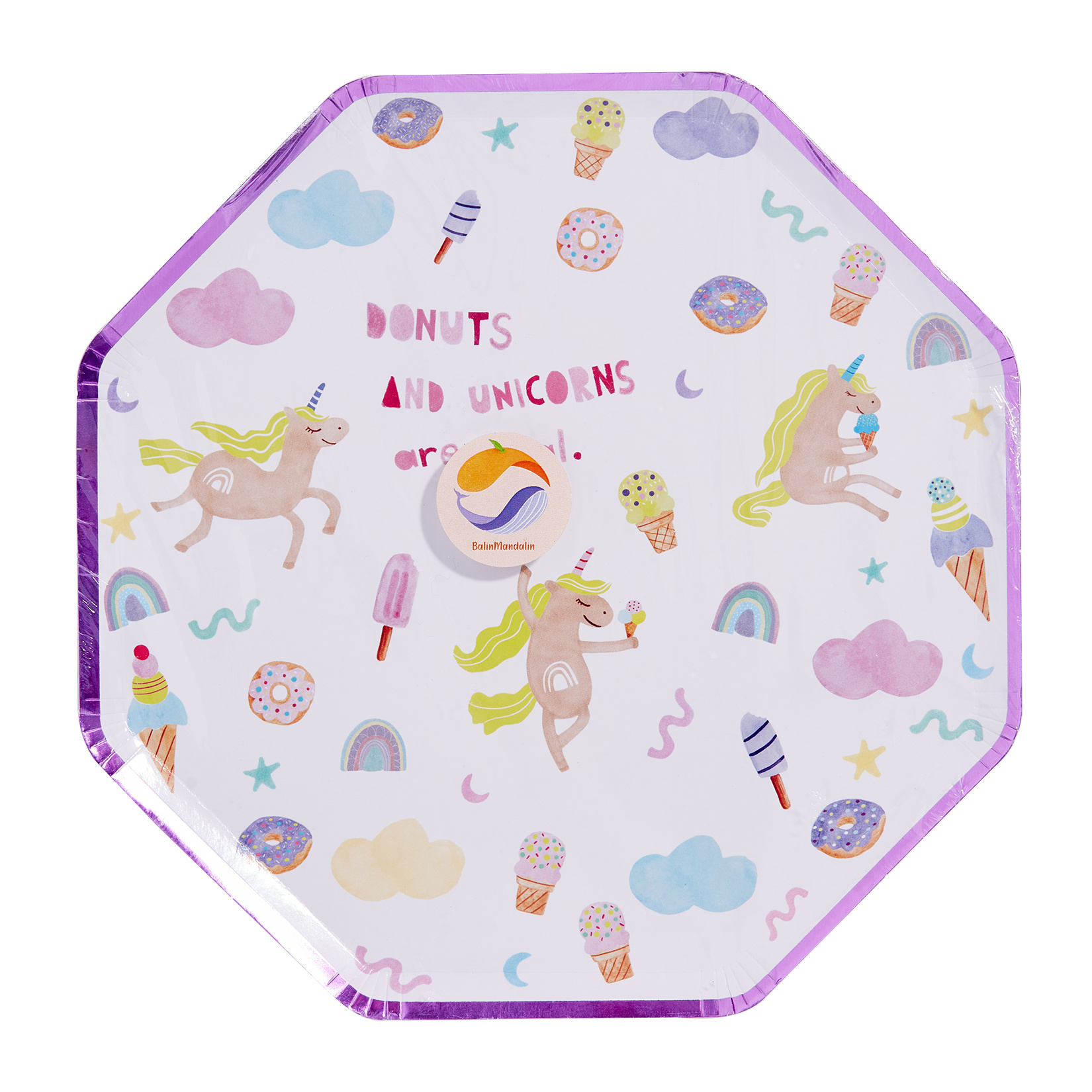 Balinmandalin Unicorn Yaldızlı Sekizgen Karton Tabak 8'li