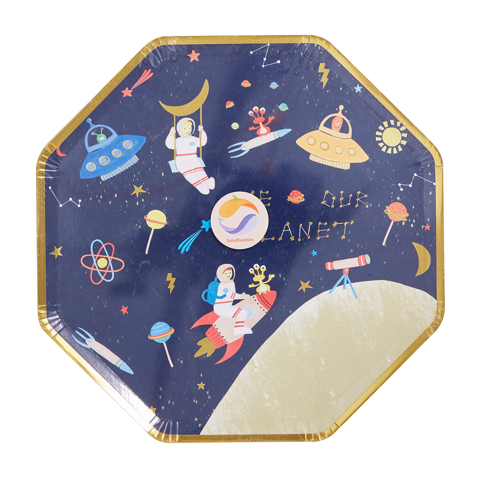 Balinmandalin Uzay Yaldızlı Sekizgen Karton Tabak 8'li 
