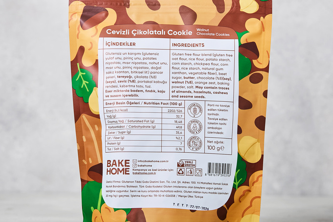 Glutensiz Tereyağlı Cevizli & Belçika Çikolatalı Cookie 120 g