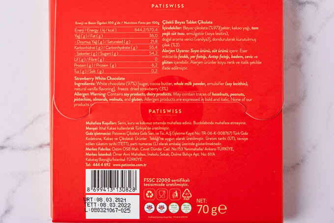 Çilekli Beyaz Çikolatalı Tablet 70 g
