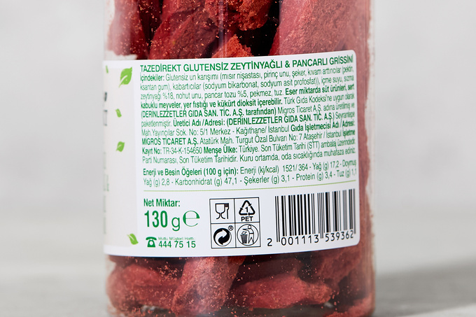 Grissini Glutensiz (Zeytinyağlı & Pancarlı) 130 g