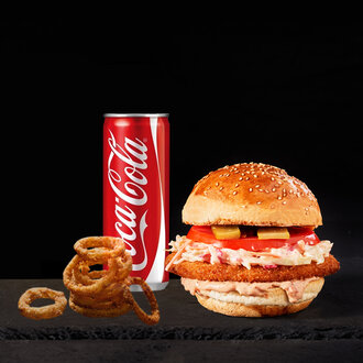 Fiyatı Az Seveni Çok Menü (Schnitzel Burger + Soğan Halkası + Coca Cola 25 Cl.) görseli