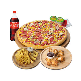 Büyük Boy Pizza + 6 Tavuk But + Elma Dilim Patates + 1 L. İçecek + 2 Sos görseli