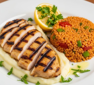 Püre Yatağında Izgara Tavuk & Bulgur Pilavı görseli