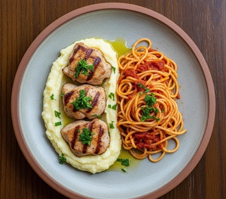 Püre Yatağında Izgara Tavuk & Salçalı Spagetti Makarna görseli