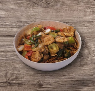 Sebzeli Erişte Üstü Beyaz Mantarlı Tavuk görseli