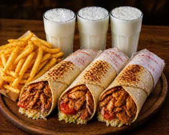 3'Lü Döner Dürüm Menüsü (120 Gr Döner + 3 Adet Patates Kızartması + 3 175Ml Ayran görseli