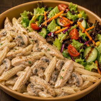 Tavuklu Mantarlı Kremalı Makarna Menü (Salata + Ayran) görseli