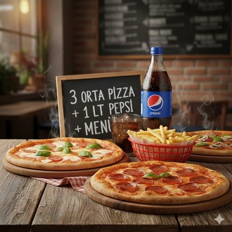 3 Orta Boy Pizza + 1L görseli
