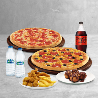 2 Orta Boy Pizza + Tavuk & Patates Mix + Cinnamon Roll + Litrelik İçecek + 2 Adet Su görseli