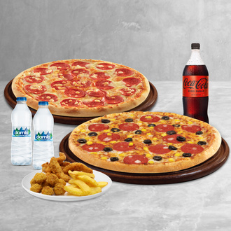 2 Büyük Boy Pizza + Tavuk & Patates Mix + Litrelik İçecek + 2 Adet Su görseli