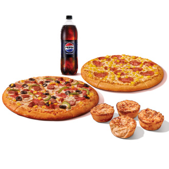 2 Adet Orta Boy Pizza + Helva Puffs 4'Lü + İçecek (1 L.) görseli