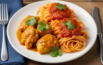Köri Soslu Tavuk & Salçalı Spaghetti Makarna görseli