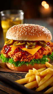 Acılı Tavuk Burger + Patates Kızartması görseli