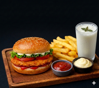 Tek Kişilik Tavuk Burger Yanında Patates Ayran görseli