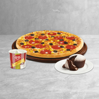 Büyük Boy Pizza + Çikolatalı Sufle + Algida Maraş Cup görseli