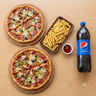 2 Adet Orta Boy Karışık Pizza + 200 Gr Patates+lt Pepsi görseli
