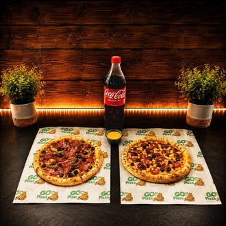 2 Adet Büyük Boy Pizza + Litrelik İçecek + Sos görseli